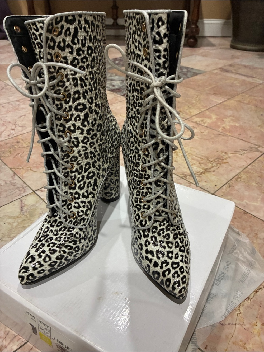 Cape Robbin White & Black Leopard Lace-Up Heeled Boots